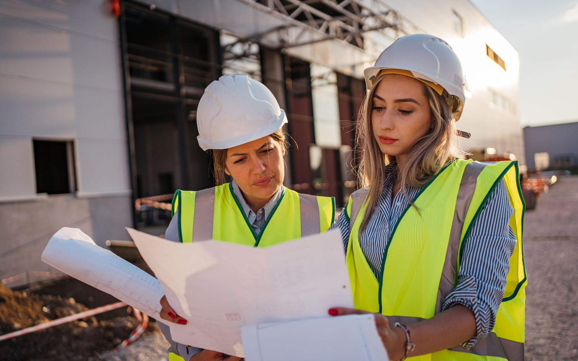 Construction team looking at blueprints